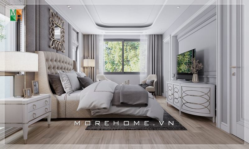 Một góc nhìn khác về chiếc kệ tivi trắng pha chút họa tiết vàng đậm chất hoàng gia cho căn phòng ngủ tân cổ điển