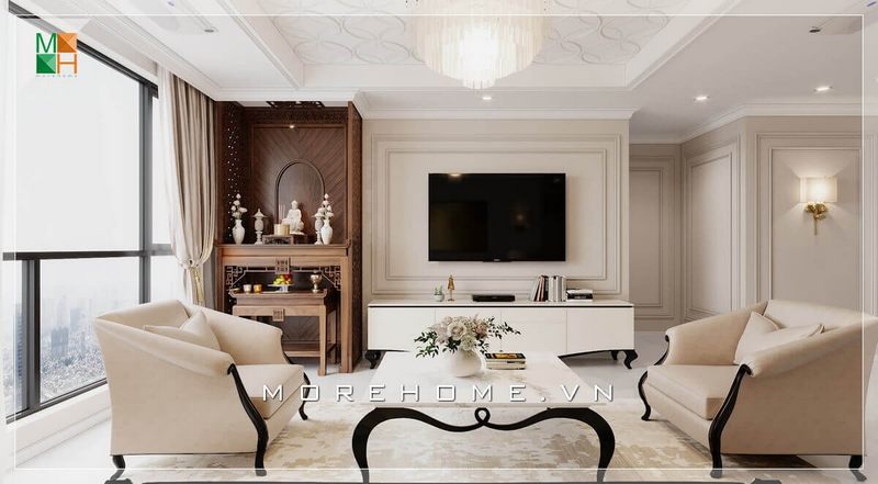 Kệ tivi màu trắng chân gỗ tân cổ điển thiết kế phù hợp với bộ sofa đẳng cấp