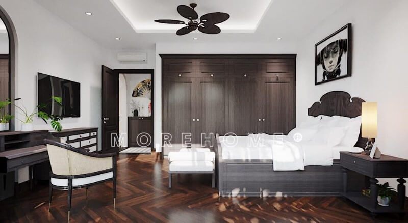 Mẫu giường ngủ gỗ óc chó cao cấp với thiết kế tân cổ điển có ngăn kéo là điểm nhấn tạo nên sự quý phái cho phòng ngủ.
