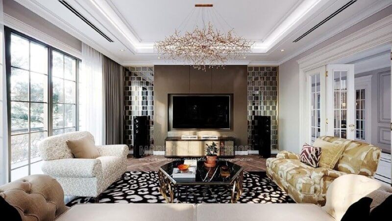 Không gian sang trọng của biệt thự, nhà phố được tạo nên bởi sự kết hợp của vách kim loại mạ vàng và tấm ốp tường đơn sắc.